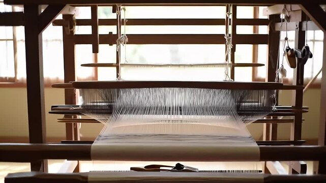 Close-up view of a wooden weaving loom with white threads in front of windows