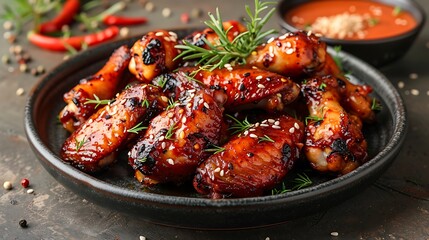 Glazed chicken wings served with a spicy chili dipping sauce, presented on a dark plate with fresh herbs and sesame seeds