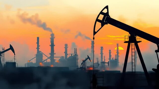 Oil refinery industry, petrochemical plant under dramatic sunset sky. Energy sector infrastructure with towers, tanks, pipelines. 4k video