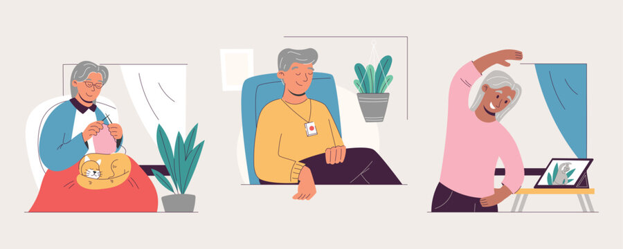 Vector flat set of senior people at home doing everyday activities, knitting with a cat, relaxing with emergency device, and exercising with online guidance. Healthy and safe aging lifestyle concept.