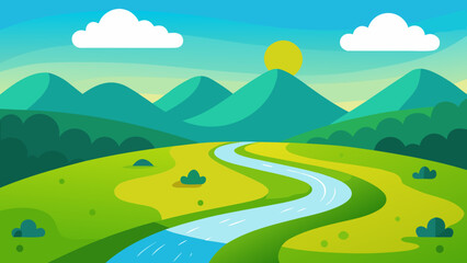 Obraz premium Stylized landscape with a winding river flowing through green hills towards mountains