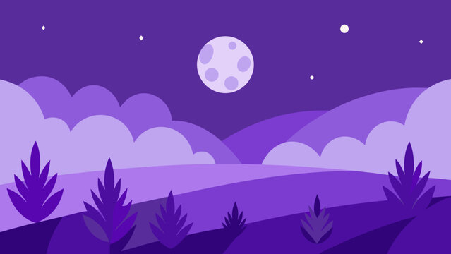 Stylized purple landscape with a full moon and rolling hills under a starry sky