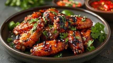 Fototapeta premium Glazed chicken wings served with a spicy chili dipping sauce, presented on a dark plate with fresh herbs and sesame seeds