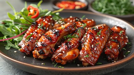 Glazed chicken wings served with a spicy chili dipping sauce, presented on a dark plate with fresh herbs and sesame seeds