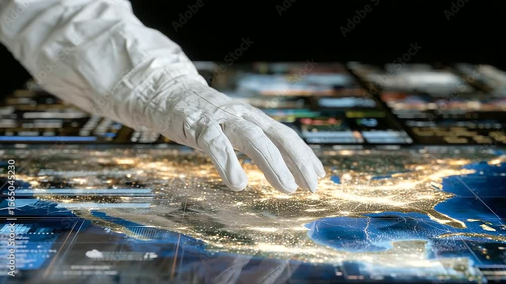 Poster close-up of gloved hand operating interactive energy model on transparent screen; oil, gas, and rene