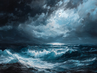 Fototapeta premium Oil painting of a stormy seascape with dramatic waves and turbulent skies, created on canvas in a traditional style.