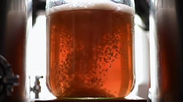 Jar with bubbly orange liquid rests between two vessels, lit by a bright background