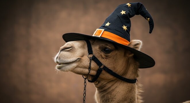 Camel in a Witch's Hat - A dromedary camel wears a black witch's hat with orange trim and gold stars. The background is brown - Powered by Adobe