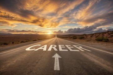 The open road to career success under a dramatic sunset sky