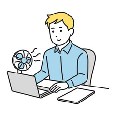 デスクで扇風機を使いながら仕事をする男性（夏のオフィス）