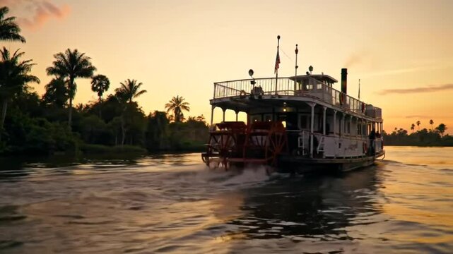 Old-fashioned river steamboat sailing through calm tropical river under orange sunset sky. Historical travel concept