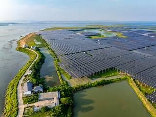 Aerial view of solar photovoltaic power station