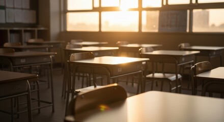 Empty Classroom Illuminated by Golden Sunset Rays Through Windows
