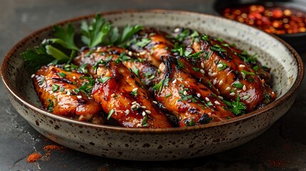 Glazed chicken wings served with a spicy chili dipping sauce, presented on a dark plate with fresh herbs and sesame seeds.
