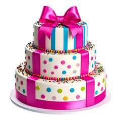 Delicious birthday cake with pink bow and colorful decorations party on transparent background