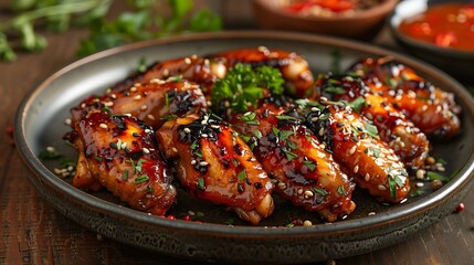 Glazed chicken wings served with a spicy chili dipping sauce, presented on a dark plate with fresh herbs and sesame seeds.