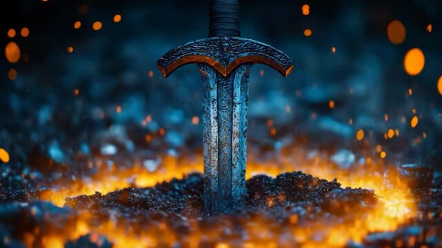 Sword sparkling in dramatic fantasy lighting