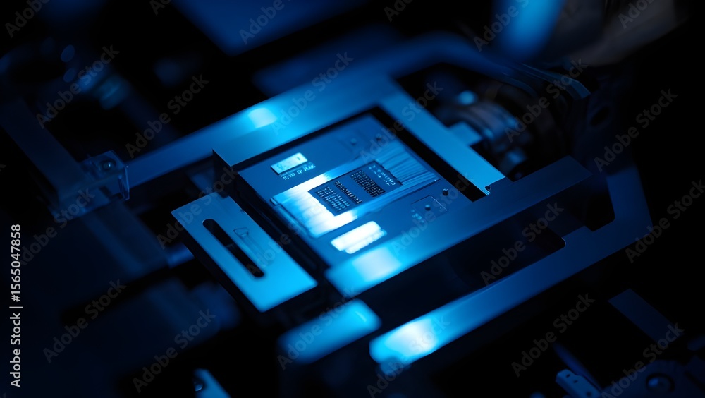 Poster advanced microchip held in automated robotic clamp with bright blue illumination