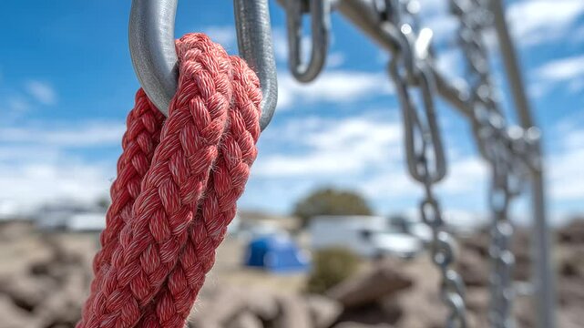 Detailed close-up of red rope threaded through metal carabiners secured to climbing wall, natural sunlight highlighting texture of rope fibers and metal surfaces, symbolizing outdo