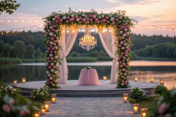 Romantic lakeside wedding ceremony setup with floral arch and chandeliers