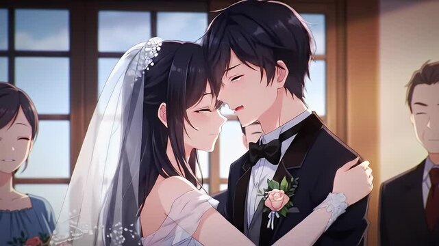 Animated wedding scene of a bride & groom with onlookers, drawn in anime style