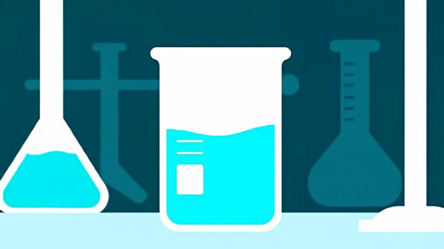 Lab scene with a blue liquid filled beaker and flask against a teal background