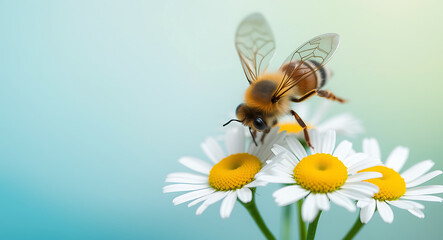 Honey bee on white daisies with yellow centers insect flying