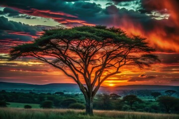 Majestic acacia tree silhouetted against a fiery african sunset sky