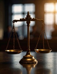 Close-up of bronze justice scales in a courtroom, highlighting themes of fairness, law, and balance.