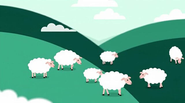 Illustration shows a flock of cartoon sheep in a green rolling landscape