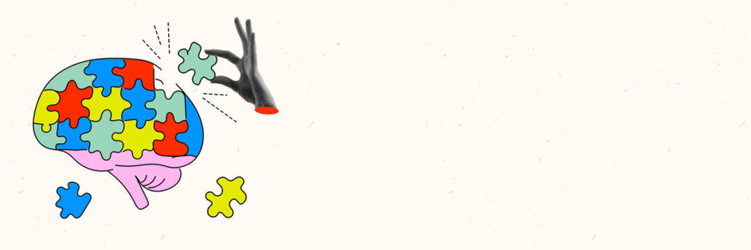 Collage of hand inserting a puzzle piece into a brain made of colorful jigsaw segments on light background. Concept of educational visuals for mental health, brain development, and psychology. Banner