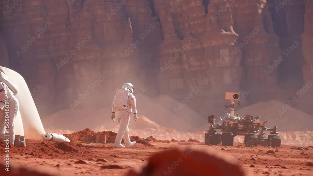 Poster four astronauts in white spacesuits working near modular habitat on rocky red landscape with robotic