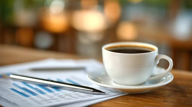 Document-focused composition with legal terms, mortgage figures, signature line, and branded folder beside cup of coffee.