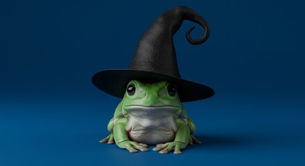 Frog in Witch's Hat Halloween Costume - A cute green frog wearing a black witch's hat, symbolizing Halloween, magic, whimsy, autumn, and enchantment