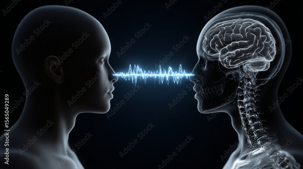 Poster vagus nerve concept ,human face and brain connection with sound wave between them dark background sh