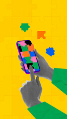 Bold colorful poster of hands holding smartphone with colorful puzzle layout and floating pieces on...