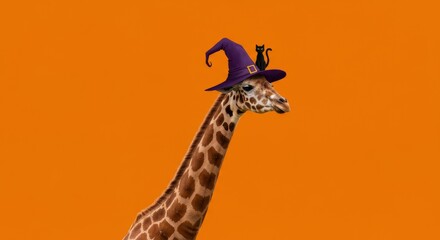 Giraffe Witch Halloween Costume - A giraffe wearing a witch's hat with a black cat perched on top, symbolizing Halloween, fun, whimsical, animals, and autumn