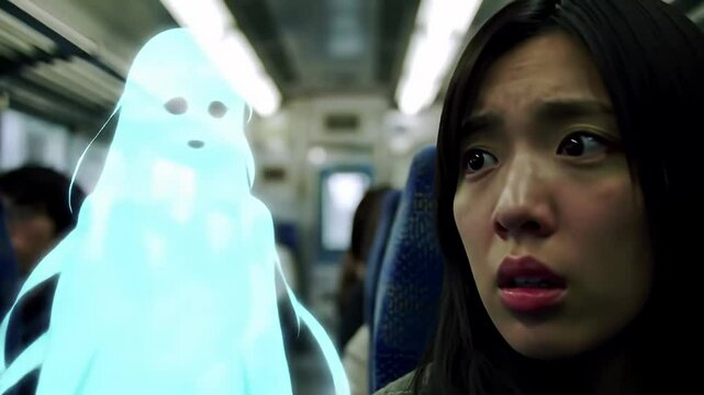 Woman on a train looks in fear at a glowing, spectral figure standing beside her