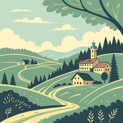 rural landscape with village
