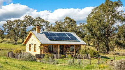 Fototapeta premium A small rural home with a completed solar installation, featuring robust, weather-resistant panels on its roof