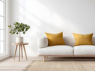 Modern Minimalist Living Room with White Couch and Yellow Pillows