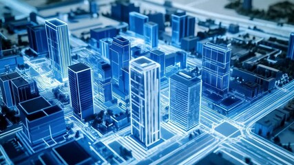 Digital blueprint of an urban landscape with high rise buildings and a street grid forming a network of connectivity, illuminated in bright blue - Powered by Adobe