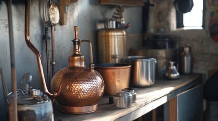 Aged copper distillery equipment on rustic wooden workbench in a sunlit workshop