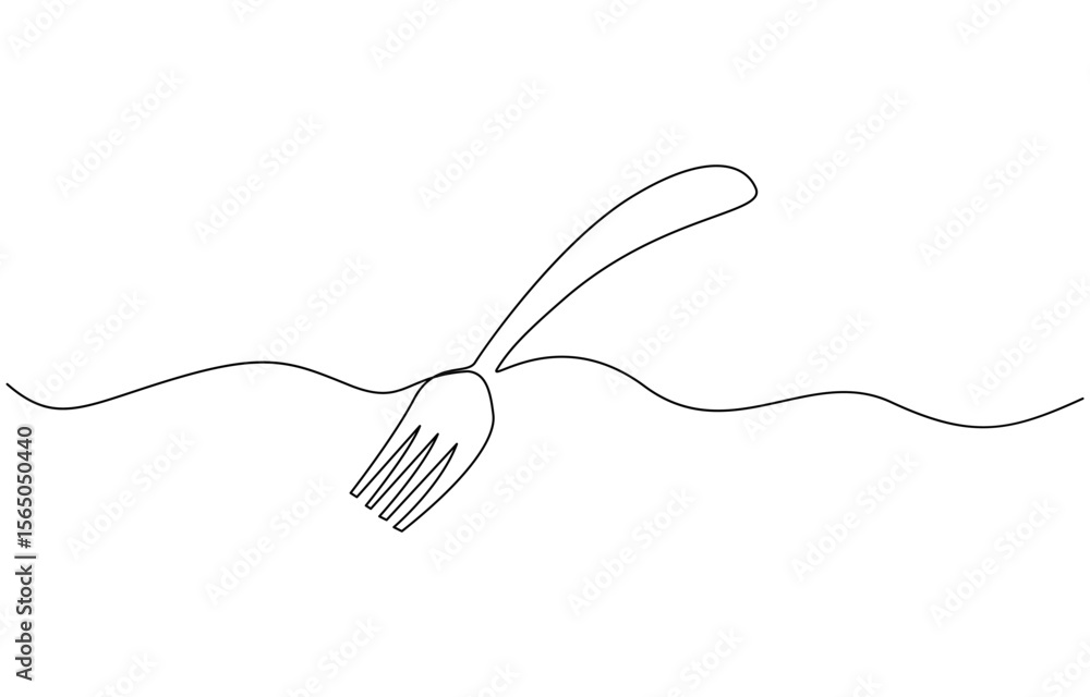 Poster knife, spoon and fork continuous one line drawing and isolated world food day outline vector, dining