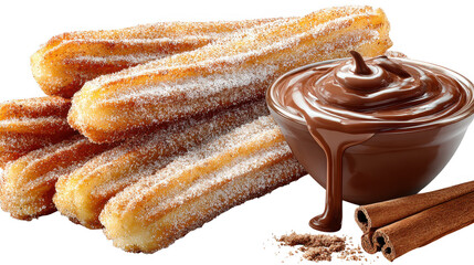 Sweet churros with chocolate and cinnamon sticks on transparent background