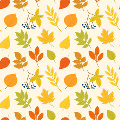 Seamless pattern with colorful autumn leaves and berries. Vector pattern of foliage, including maple, oak, birch, rowan, chestnut and acorns. Flat style.