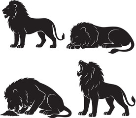 Majestic Lion Silhouettes: Standing, Sleeping, Eating, and Roaring Poses