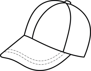 Curved brim baseball cap flat technical sketch, headwear fashion vector, unisex hat design template, stylish sports accessory illustration