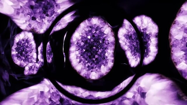 Abstract amethyst geode slices, arranged to resemble a distorted, dark, smiling face
