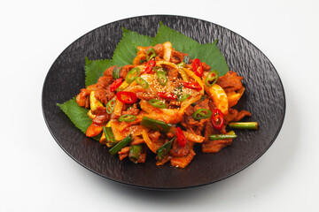   A dish made by stir-frying pork with various seasonings, then stir-frying it again with chives,...